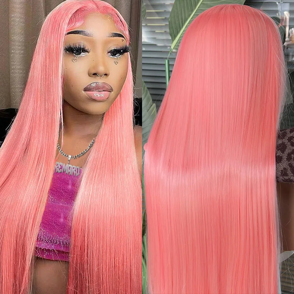 Colored Pink Human Hair Wigs Straight Lace Front Wigs