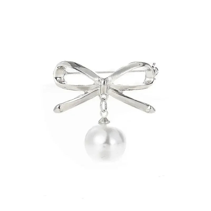 Women Elegant Fashion Simple Bow Brooches Bowknot Pin Pearl Pendant Safety Lapel Pins Wedding Jewelry Body Accessories Gift