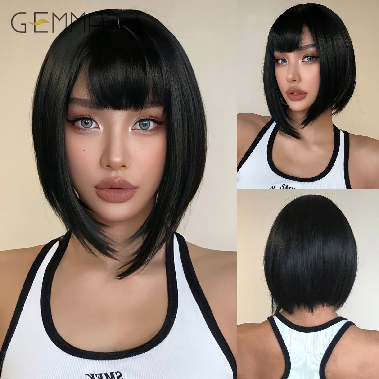 GEMMA Short Black Bobo Wig Synthetic Middle Part Short Wigs