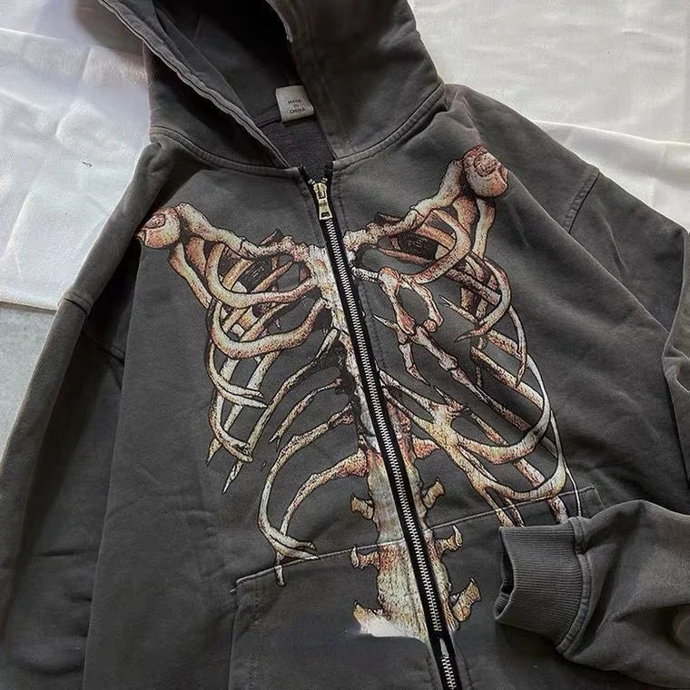 Skeleton Print Bones Zip Hoodie
