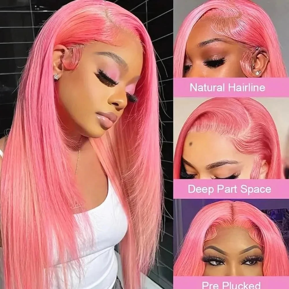 Colored Pink Human Hair Wigs Straight Lace Front Wigs