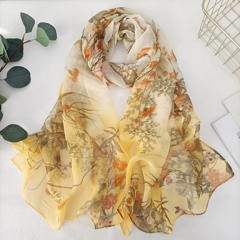 Women Elegant Chiffon Silk Scarves Fashion Versatile Flower Wraps Summer Beach Sunscreen Thin Scarf Georgette Bandana Hijab