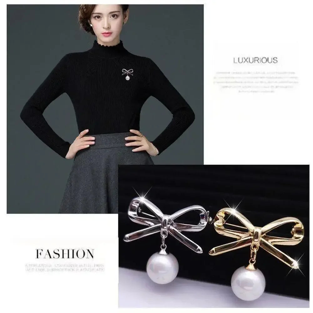Women Elegant Fashion Simple Bow Brooches Bowknot Pin Pearl Pendant Safety Lapel Pins Wedding Jewelry Body Accessories Gift