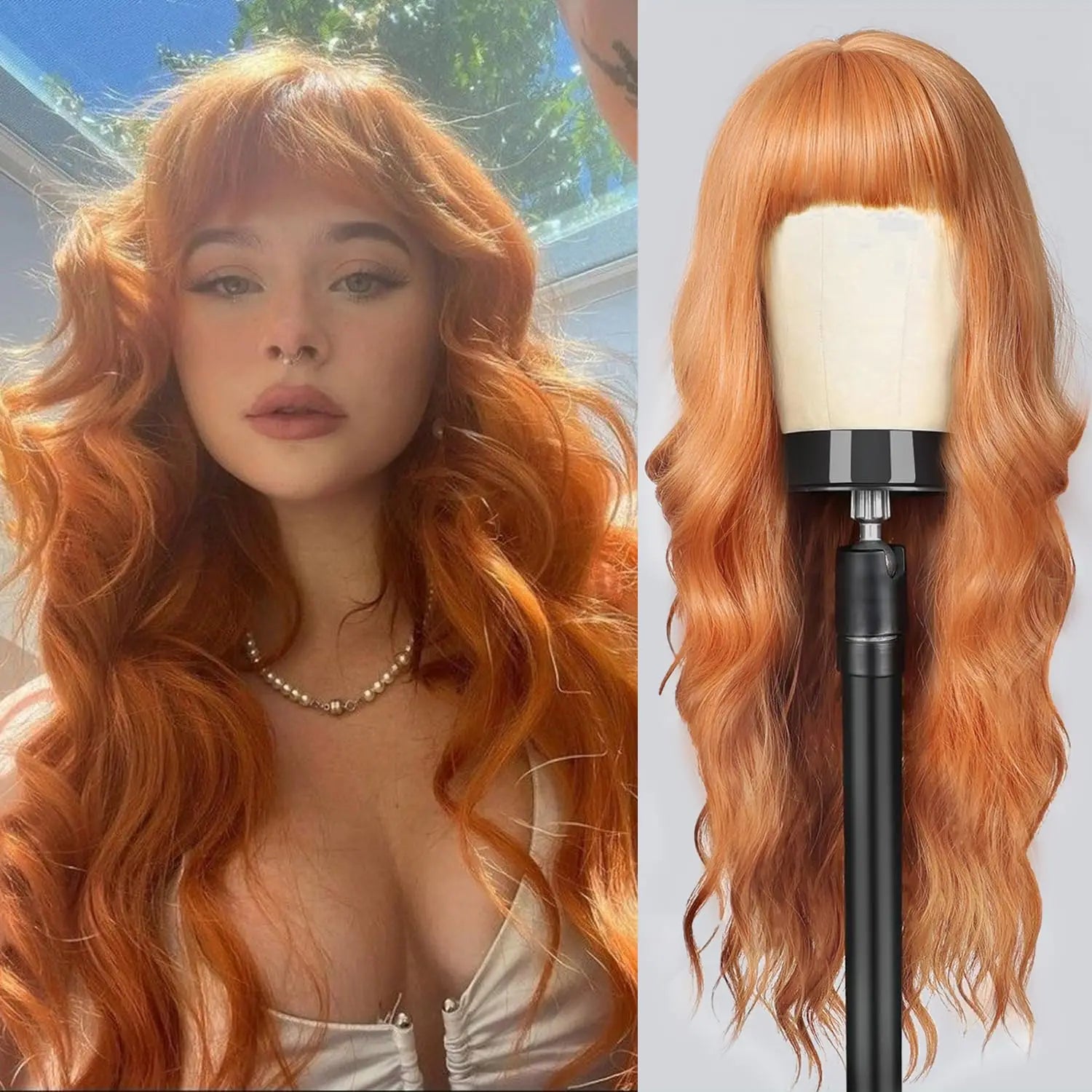 Orange synthetic wig with big waves for party,