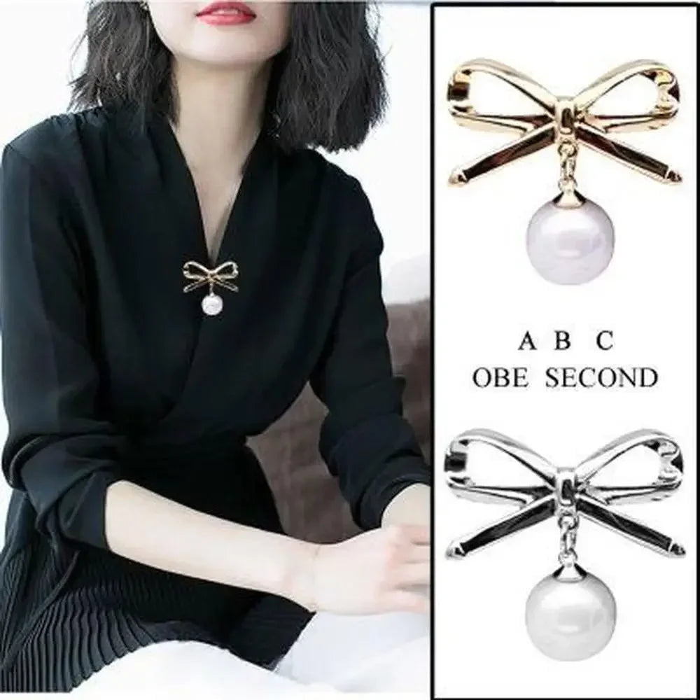 Women Elegant Fashion Simple Bow Brooches Bowknot Pin Pearl Pendant Safety Lapel Pins Wedding Jewelry Body Accessories Gift