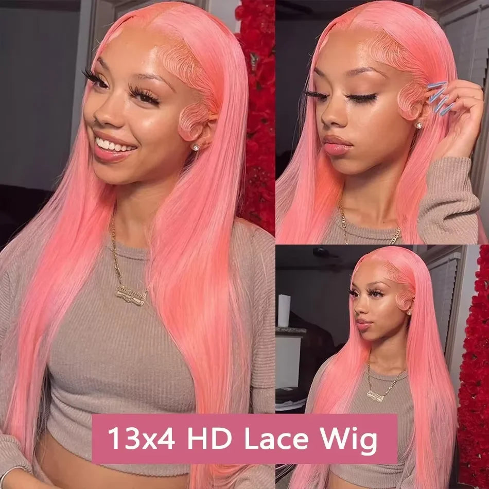 Colored Pink Human Hair Wigs Straight Lace Front Wigs
