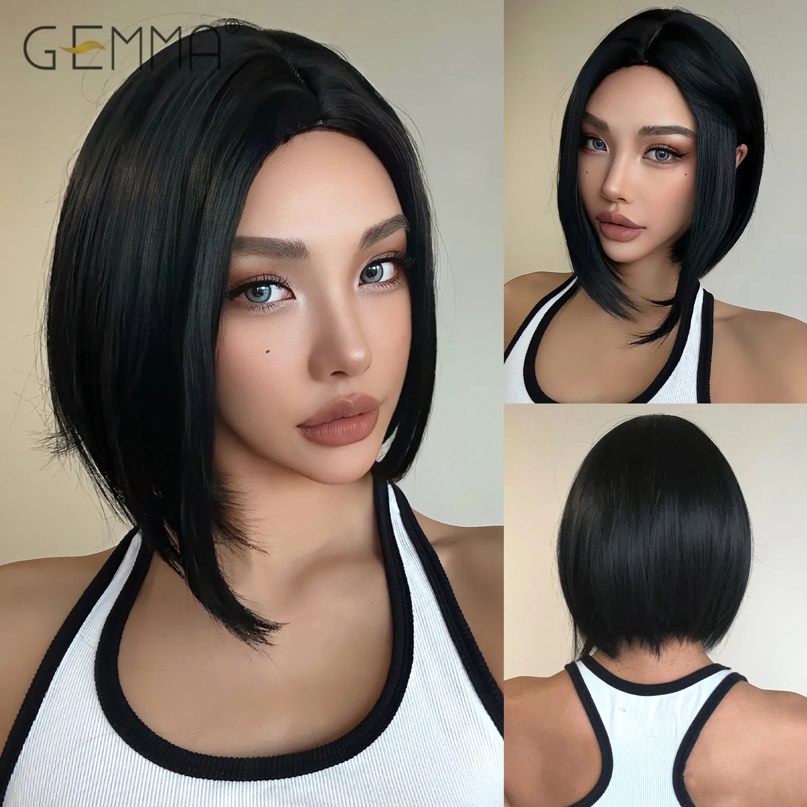 GEMMA Short Black Bobo Wig Synthetic Middle Part Short Wigs