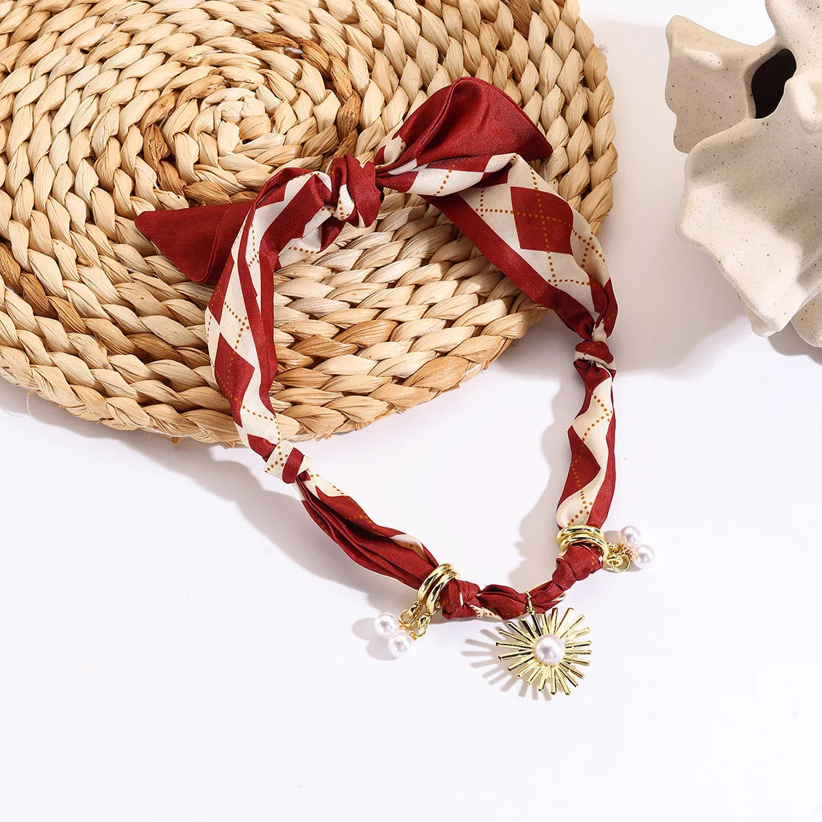 Bohemian Print Scarf Choker Retro Love Imitation Pearl Flowers Pendant Short Necklace For Women Fashion Handmade Jewelry