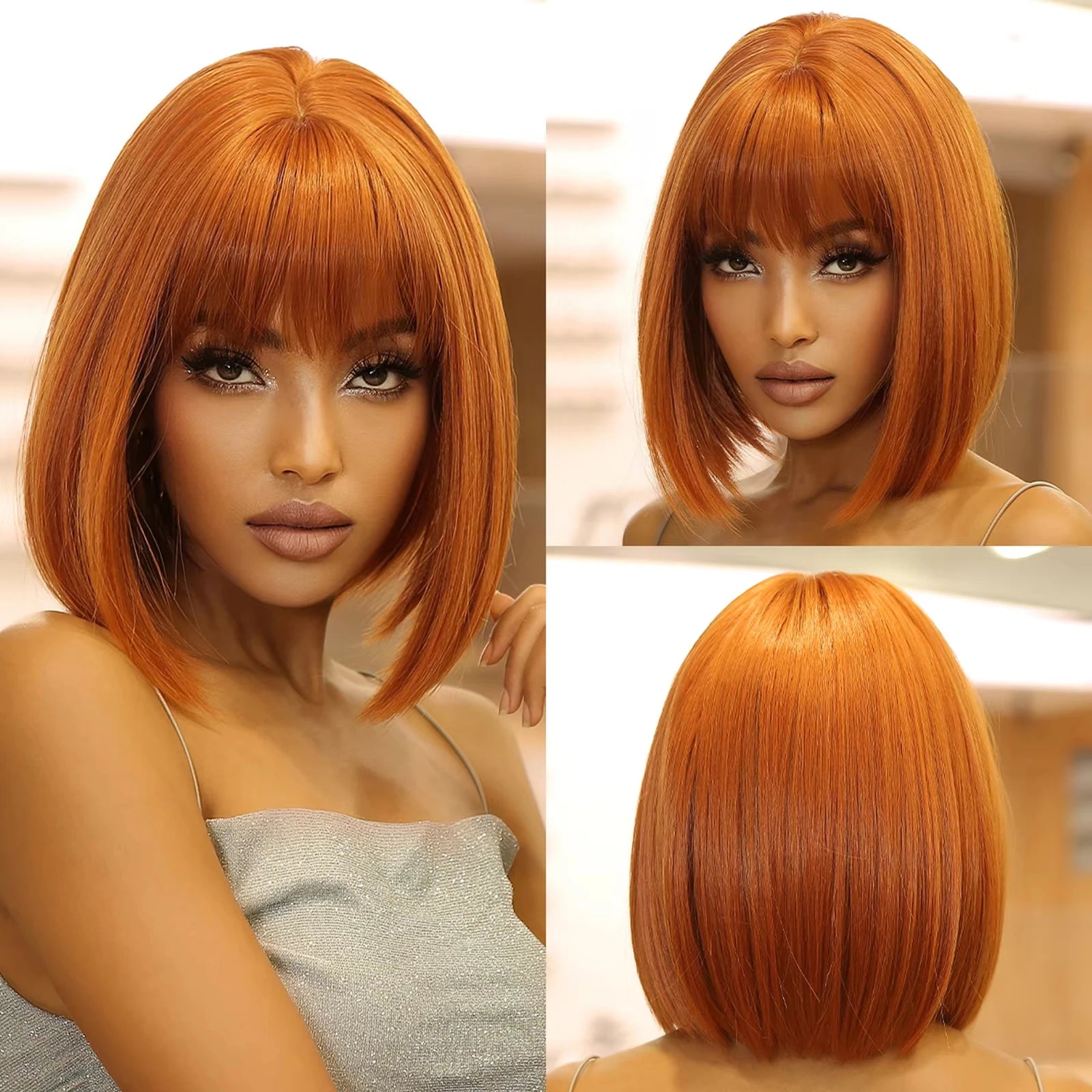 Orange synthetic wig with big waves for party,