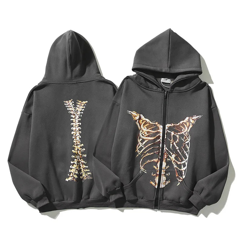 Skeleton Print Bones Zip Hoodie