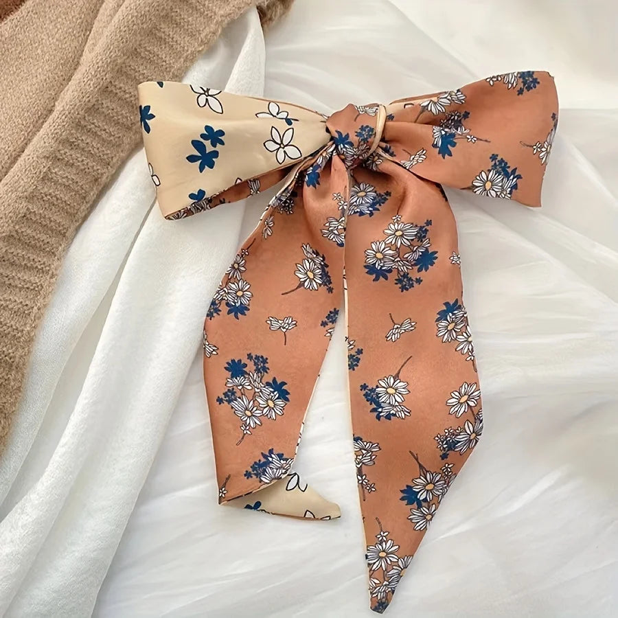 Fashion Printing Silk Hair Scarf for Women Chiffon Long Ribbon Ponytail Ties Headbands Hair Accessories