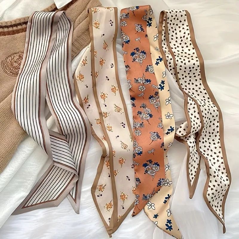Fashion Printing Silk Hair Scarf for Women Chiffon Long Ribbon Ponytail Ties Headbands Hair Accessories
