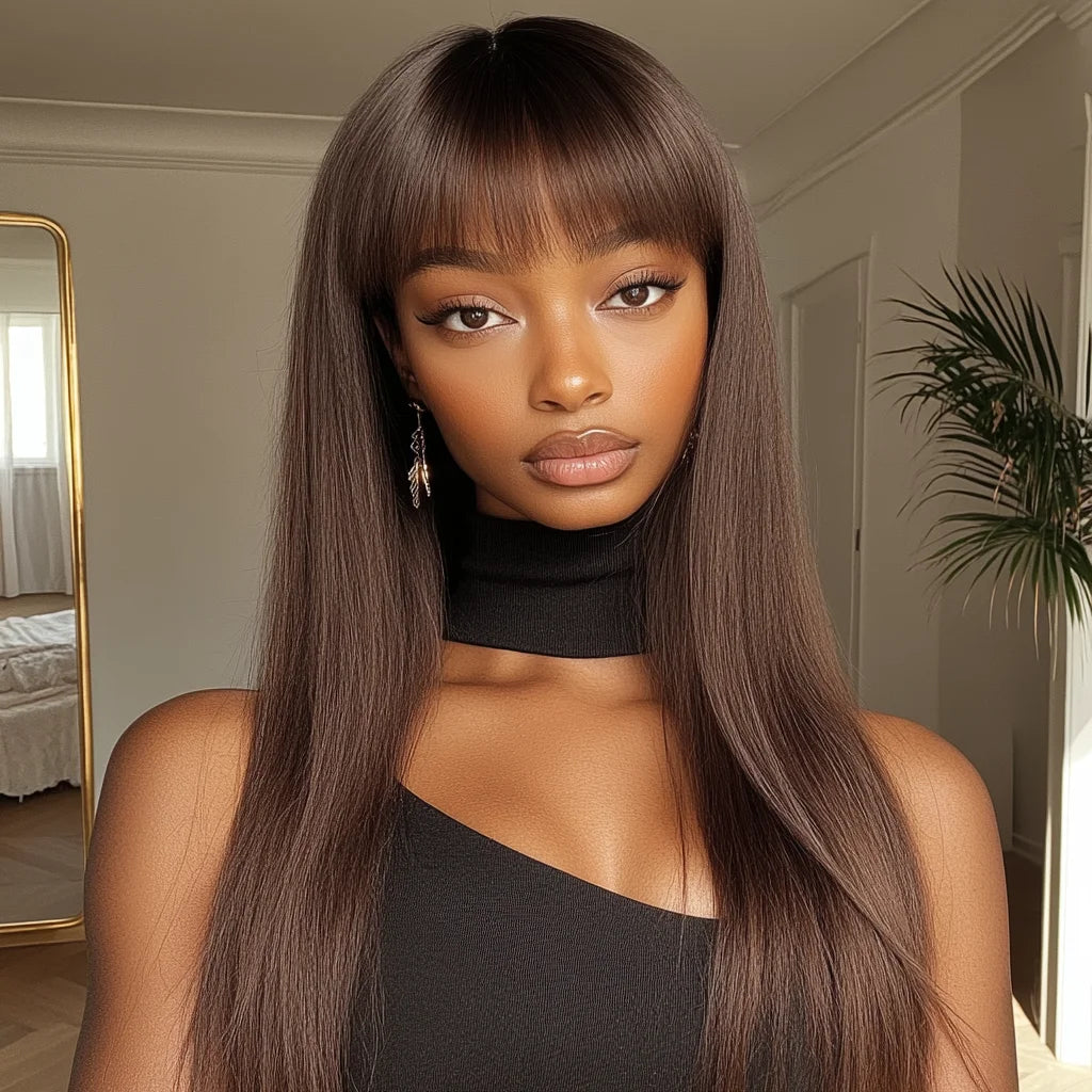 Lekker Chocolate Brown Long Straight 100% Human Hair Wig