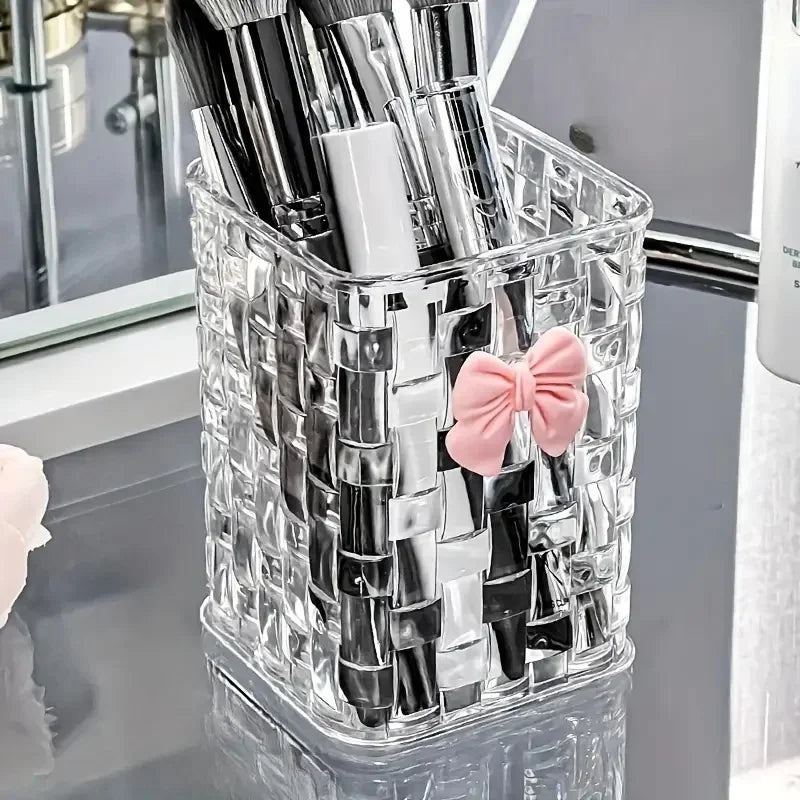 Durable Clear Acrylic Desk Organizer with Bow Accent PMMA Pen Holder and Storage Basket for Office Supplies Pens and Accessories
