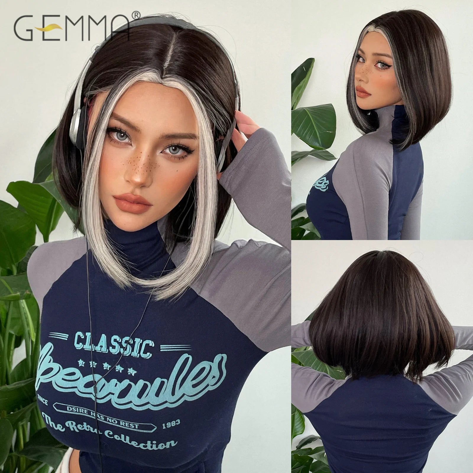 GEMMA Short Black Bobo Wig Synthetic Middle Part Short Wigs