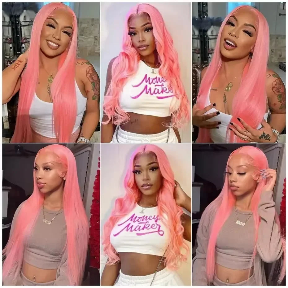 Colored Pink Human Hair Wigs Straight Lace Front Wigs