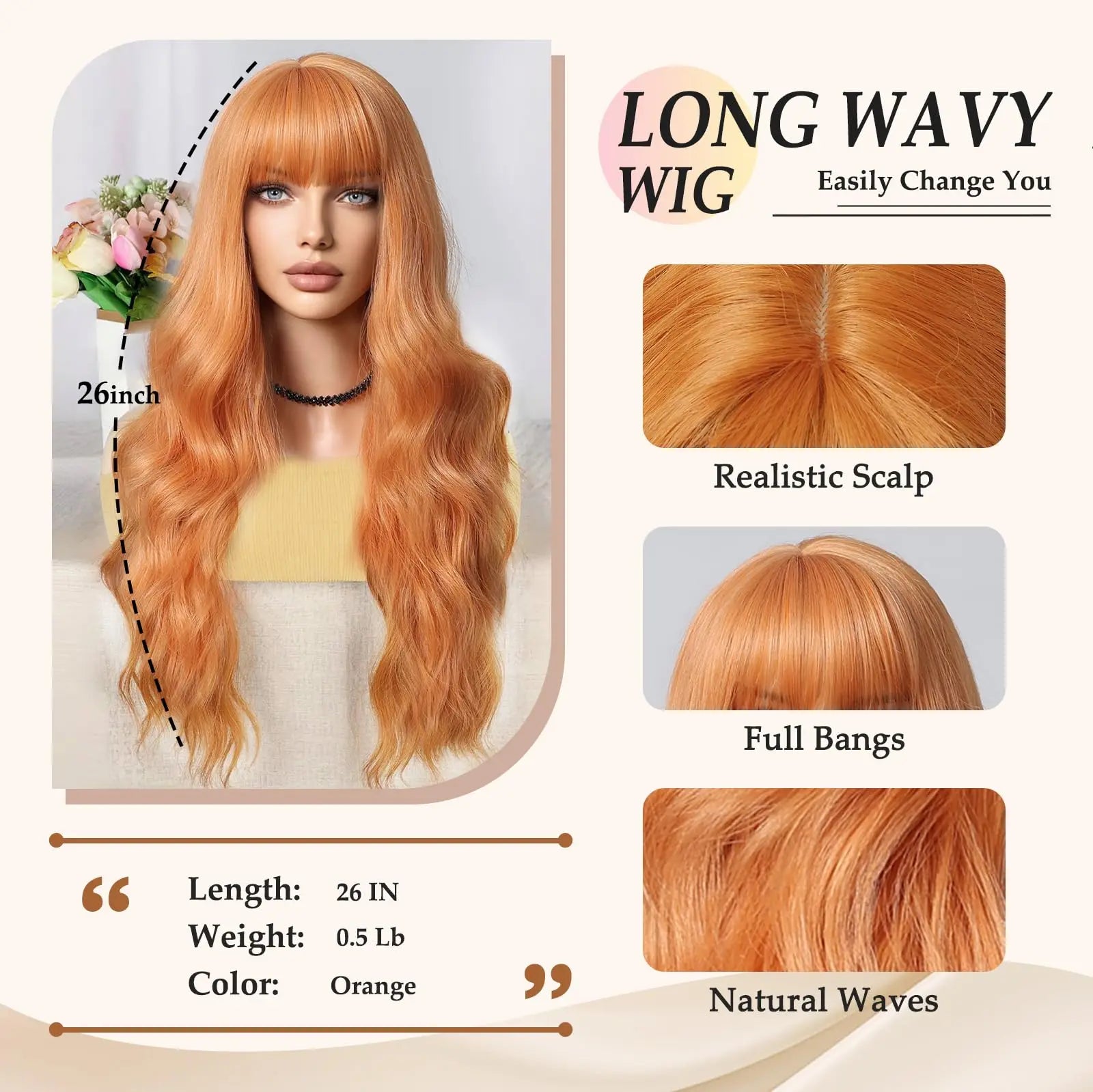 Orange synthetic wig with big waves for party,