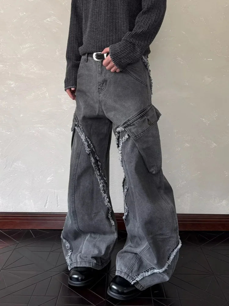 Streetwear Washed Black Grey Baggy Stacked Cargo Jeans