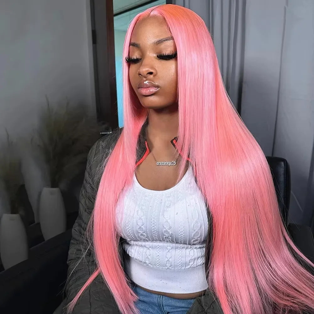 Colored Pink Human Hair Wigs Straight Lace Front Wigs