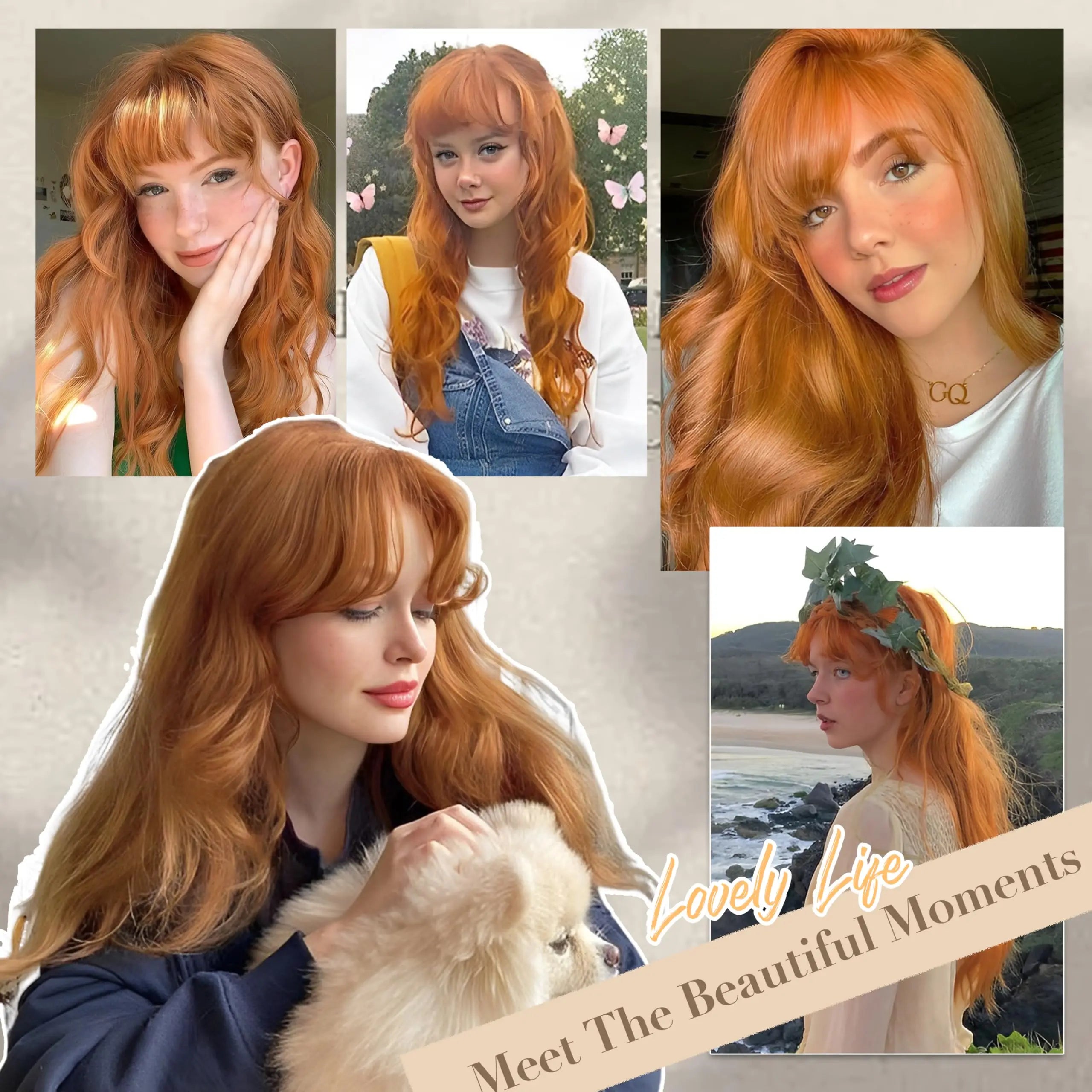 Orange synthetic wig with big waves for party,