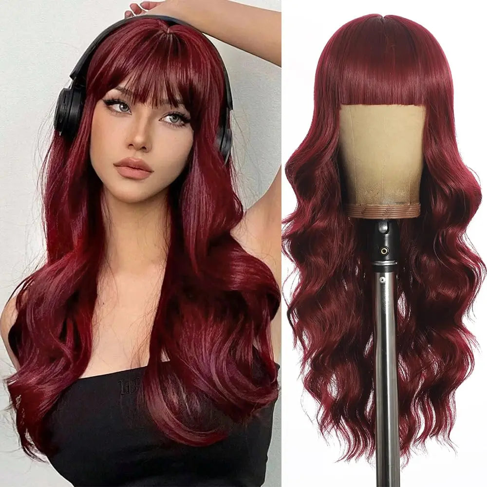 Orange synthetic wig with big waves for party,