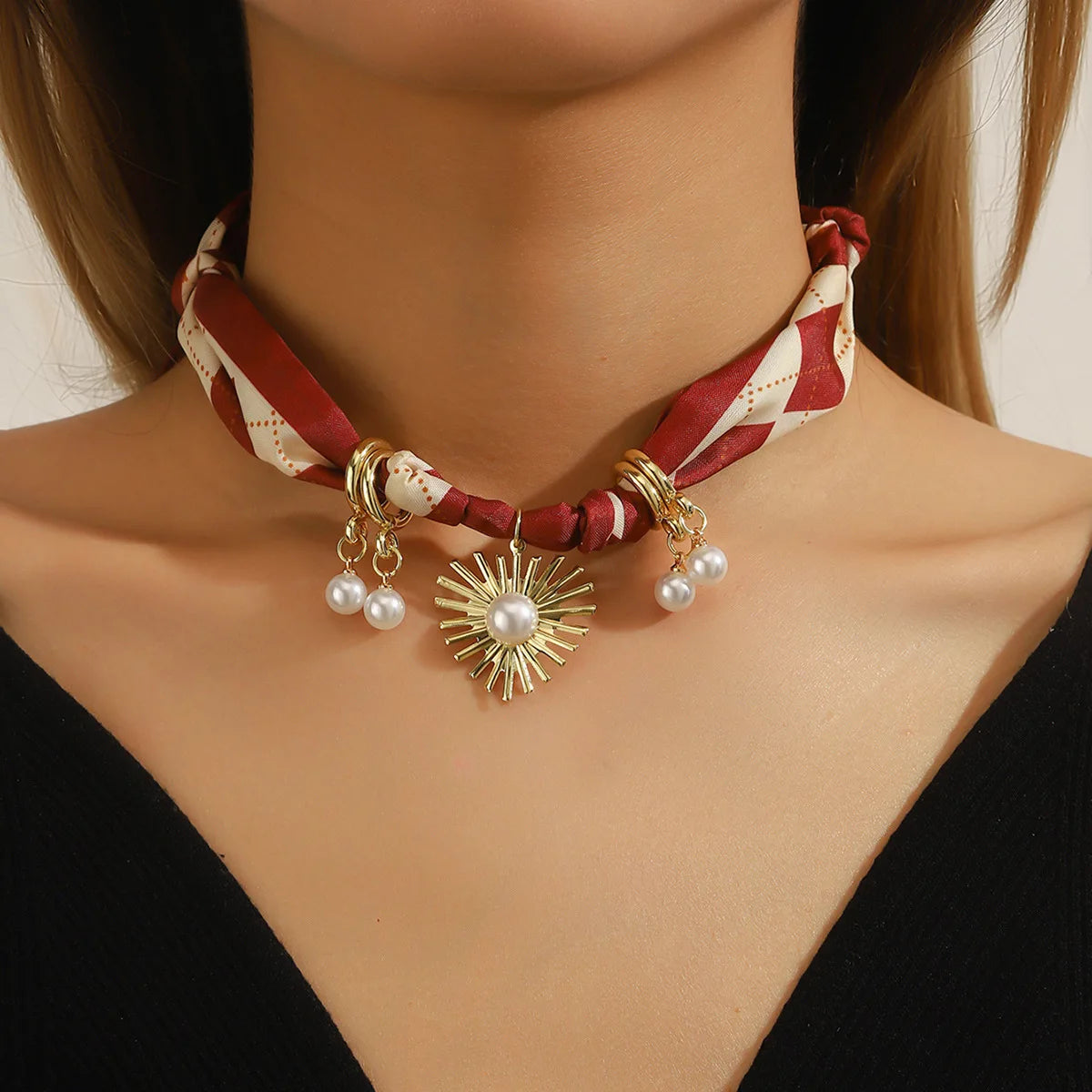 Bohemian Print Scarf Choker Retro Love Imitation Pearl Flowers Pendant Short Necklace For Women Fashion Handmade Jewelry