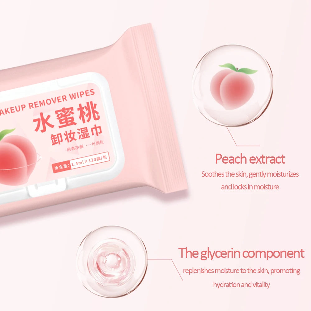 Peach makeup remover wet wipes remove facial makeup, cleanse the skin, refresh and remove makeup