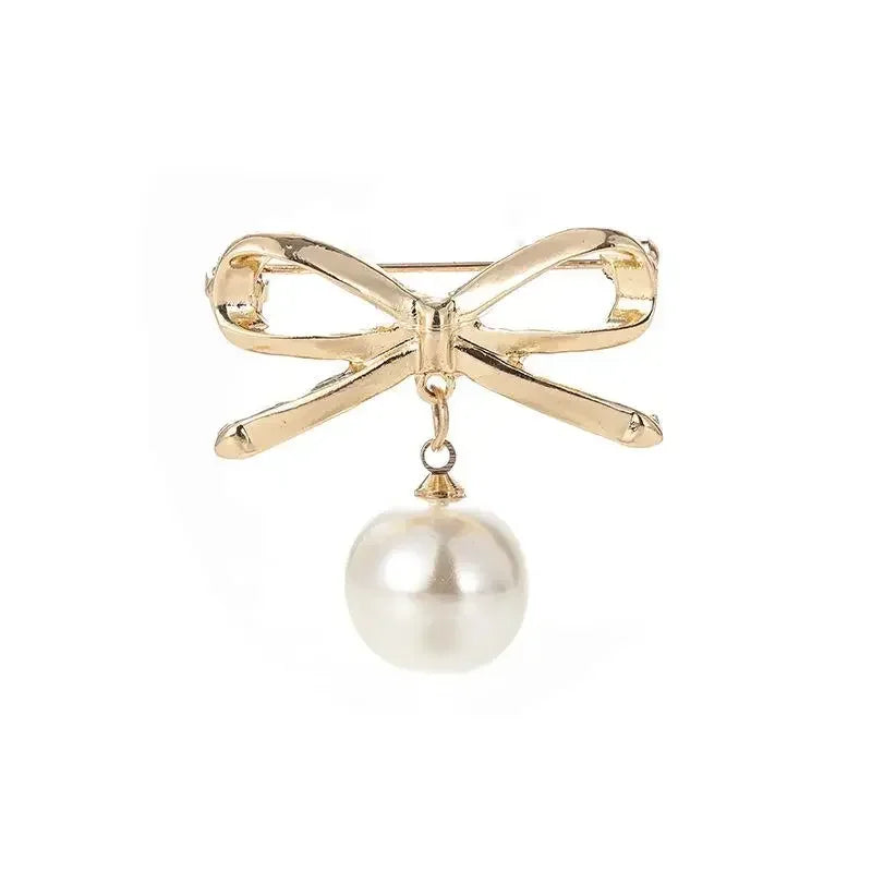 Women Elegant Fashion Simple Bow Brooches Bowknot Pin Pearl Pendant Safety Lapel Pins Wedding Jewelry Body Accessories Gift