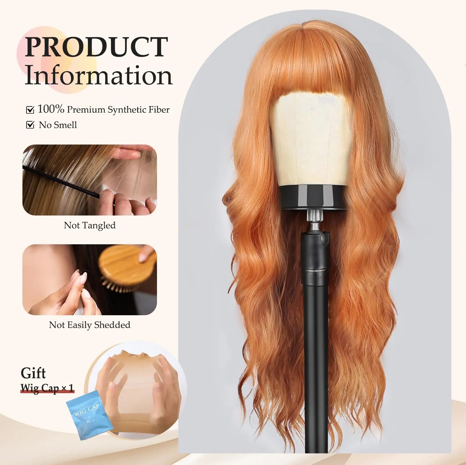 Orange synthetic wig with big waves for party,