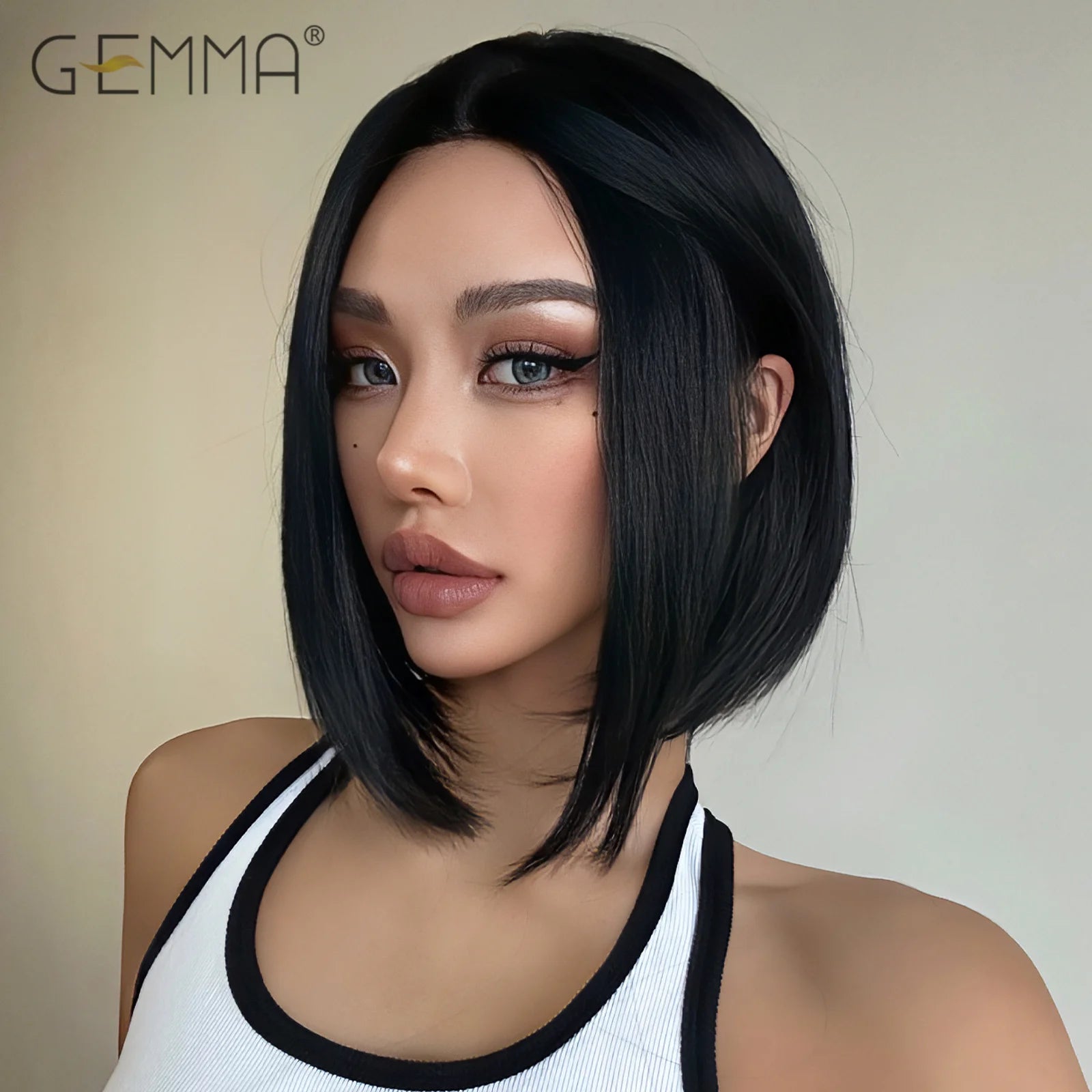 GEMMA Short Black Bobo Wig Synthetic Middle Part Short Wigs
