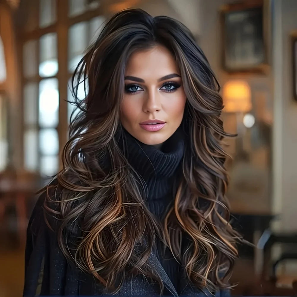 Highlight Brown Wave Curly Wigs Heat Resistant Synthetic Hair