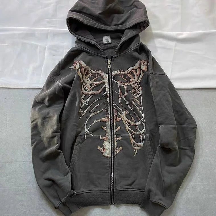Skeleton Print Bones Zip Hoodie