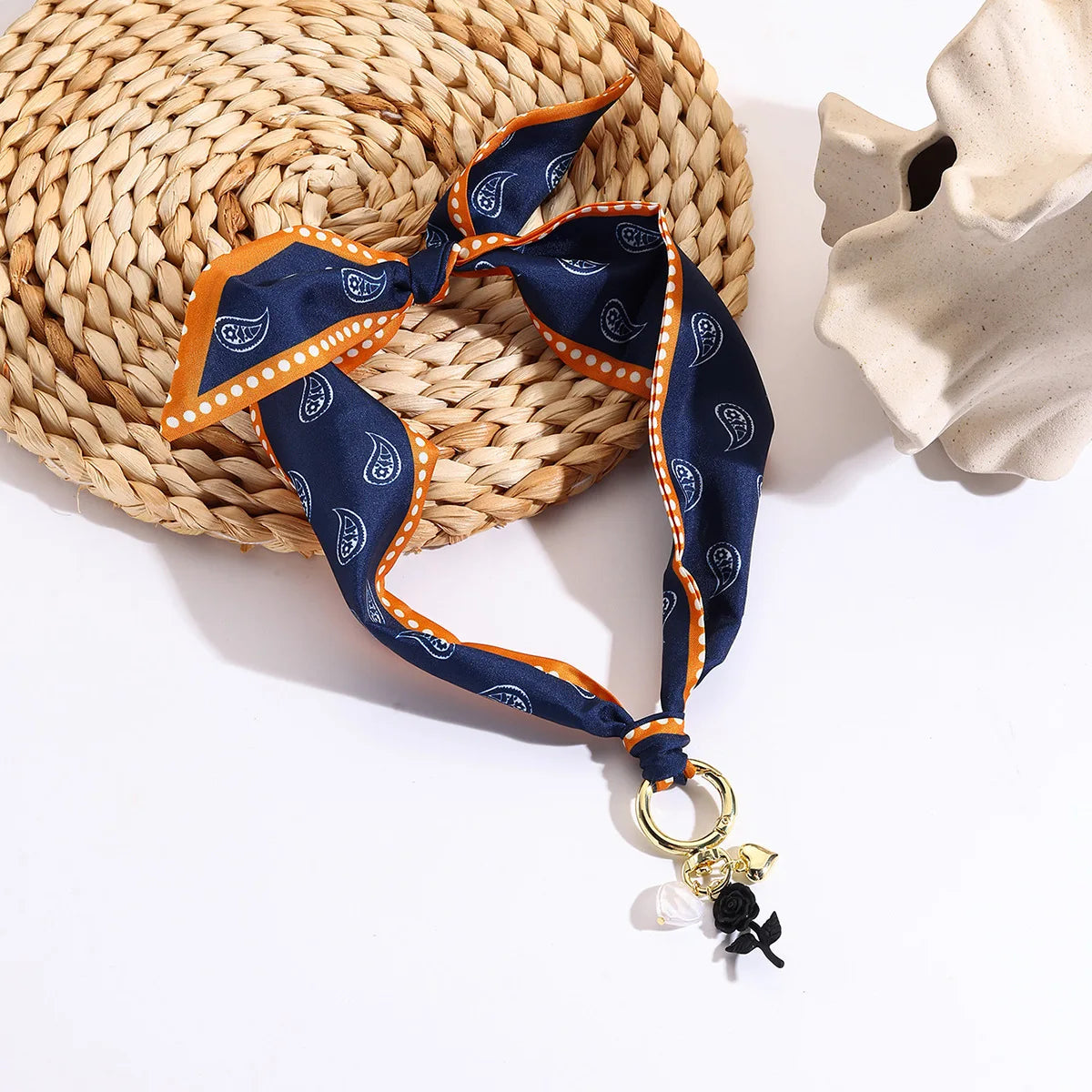 Bohemian Print Scarf Choker Retro Love Imitation Pearl Flowers Pendant Short Necklace For Women Fashion Handmade Jewelry