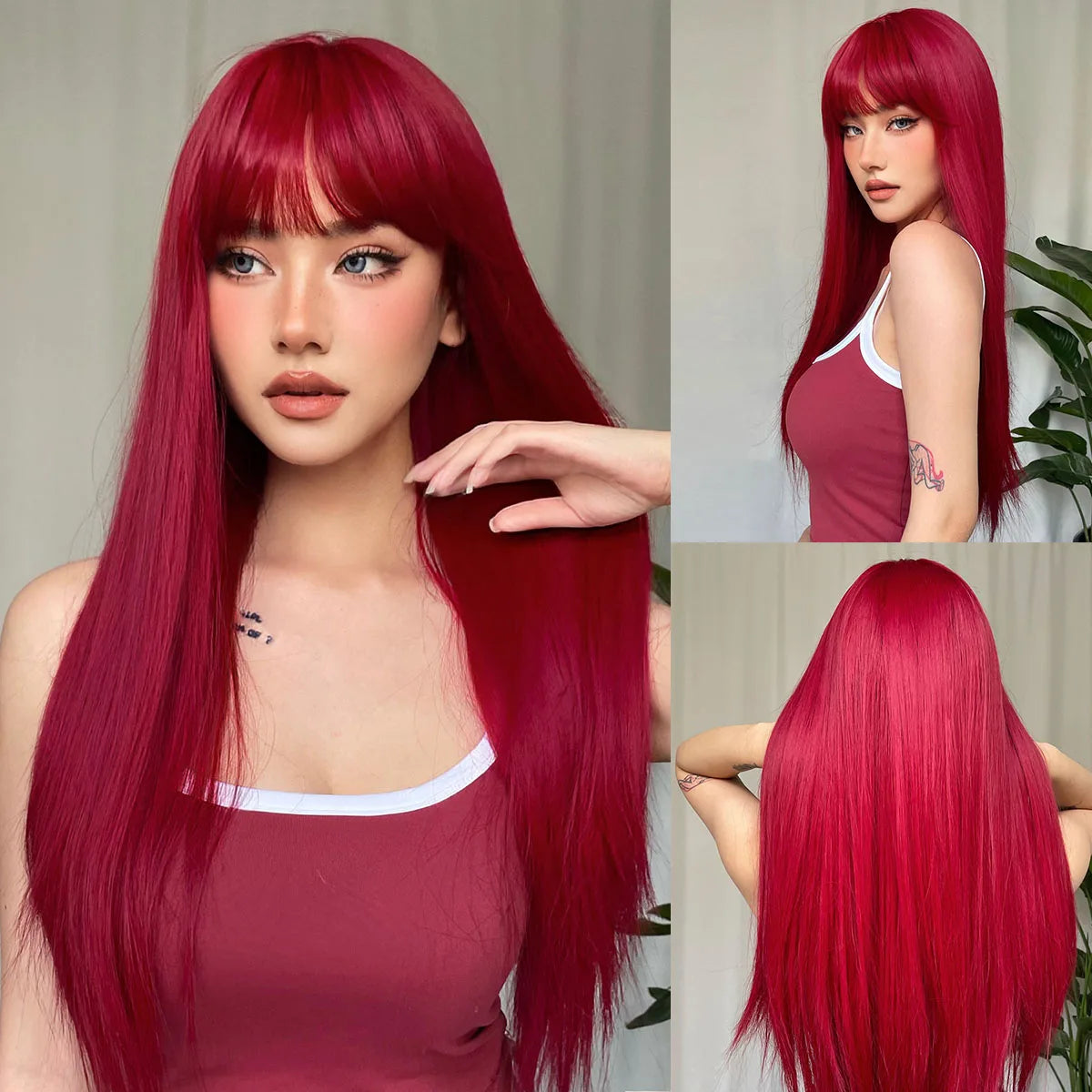 Light Wine Red Synthetic Wigs With Bangs