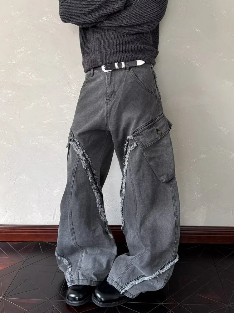 Streetwear Washed Black Grey Baggy Stacked Cargo Jeans