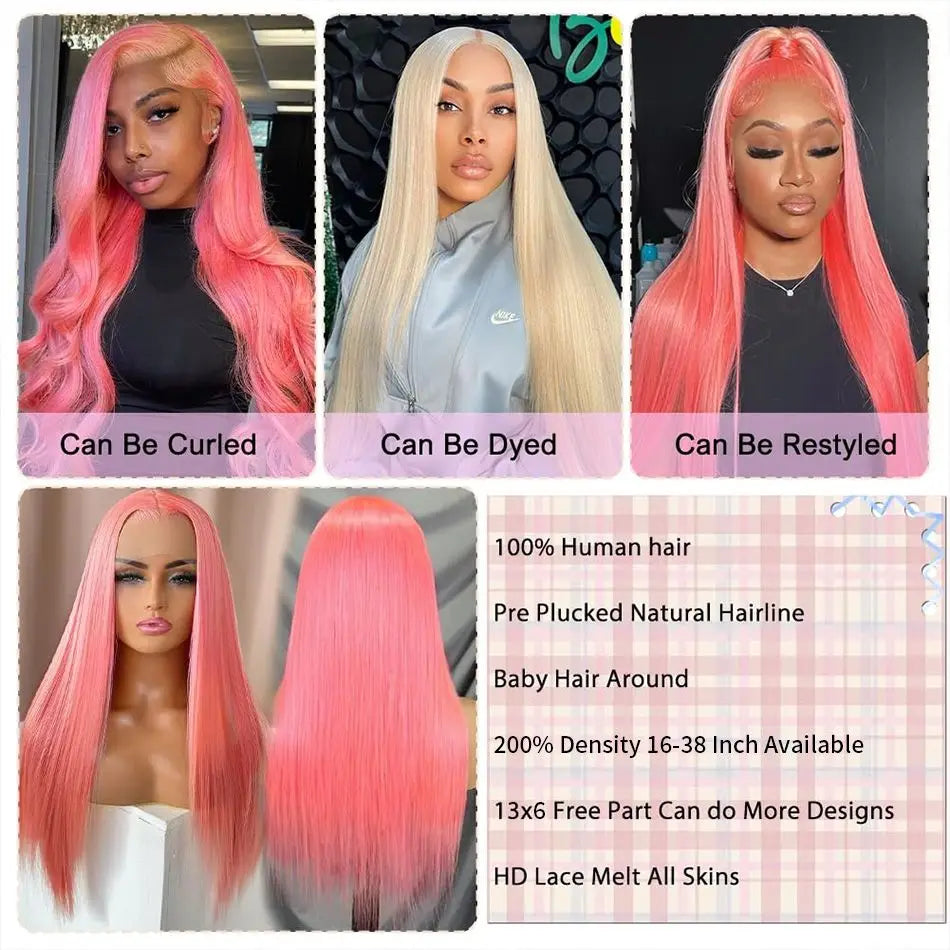 Colored Pink Human Hair Wigs Straight Lace Front Wigs