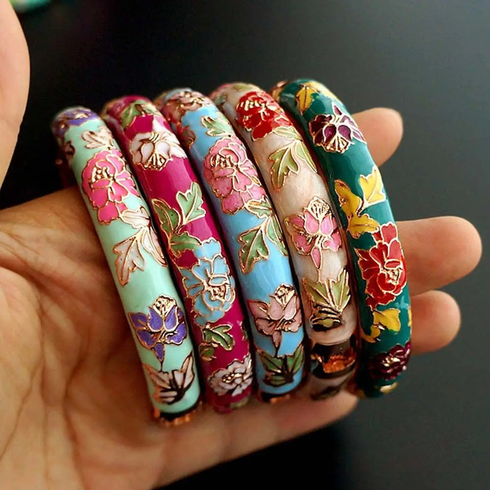 Fashion Ethnic Cloisonne Enamel Gifts For Women Girl Handicraft Peony Accessories Jewelry Bracelet Bangles