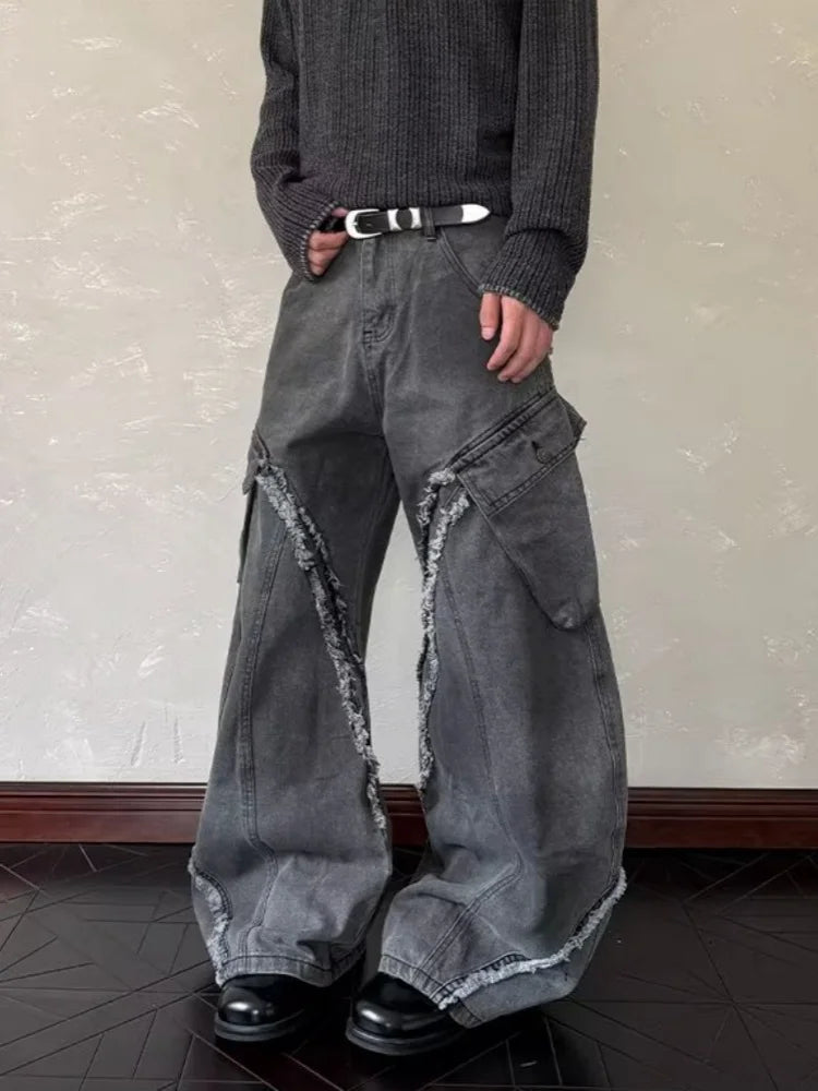 Streetwear Washed Black Grey Baggy Stacked Cargo Jeans