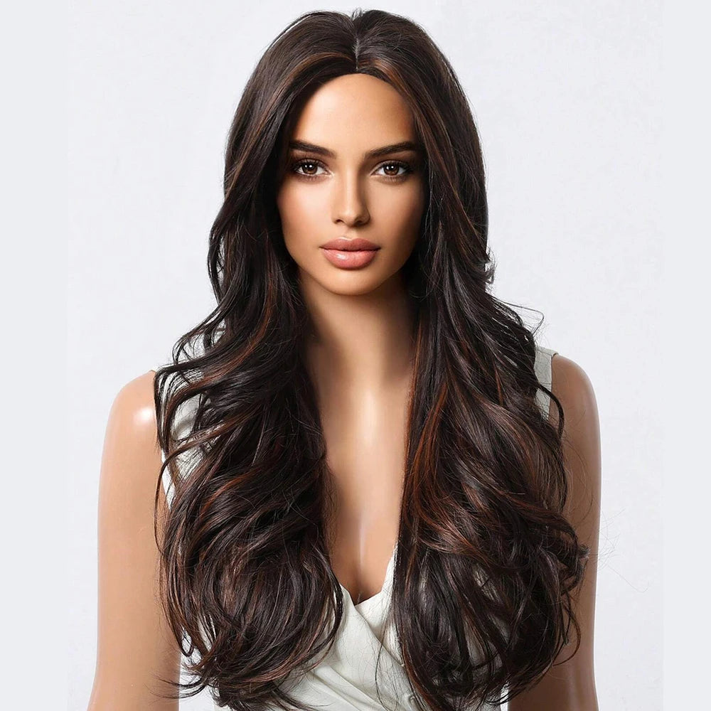Highlight Brown Wave Curly Wigs Heat Resistant Synthetic Hair