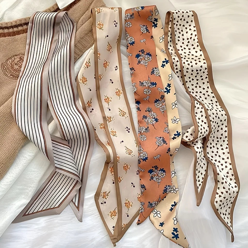 Fashion Printing Silk Hair Scarf for Women Chiffon Long Ribbon Ponytail Ties Headbands Hair Accessories