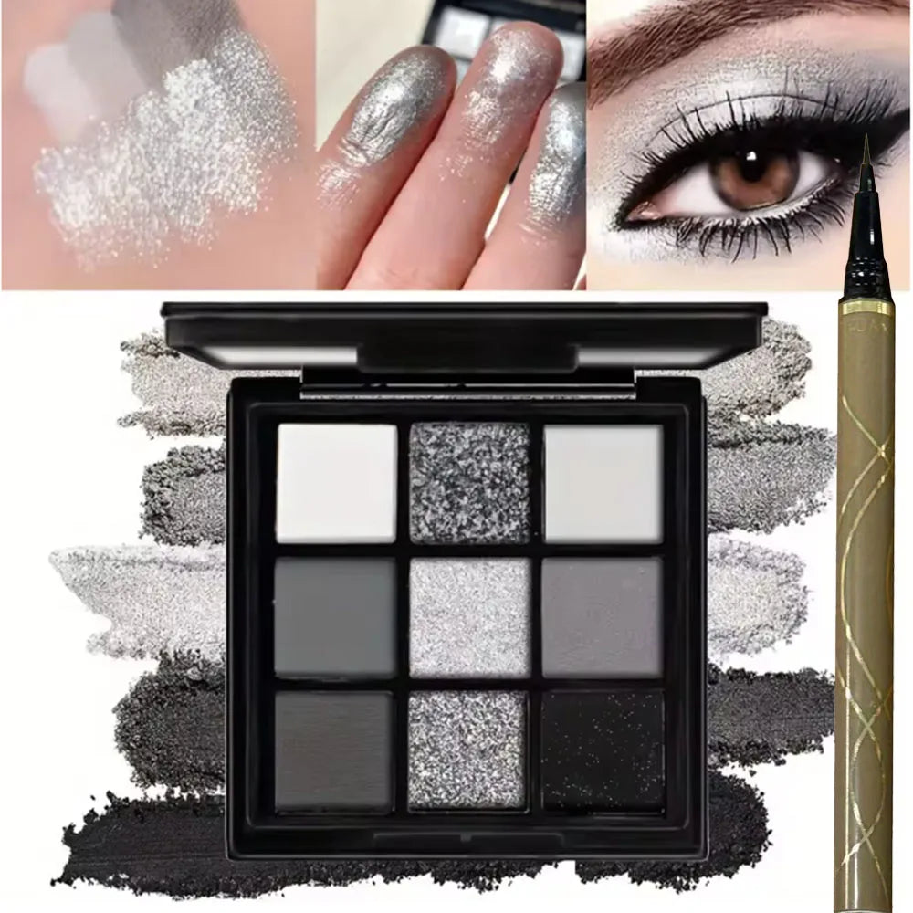 Nine-color eyeshadow palette Makeup Brush, gray-pink smoky makeup, matte pearlescent silkworm brightening makeup