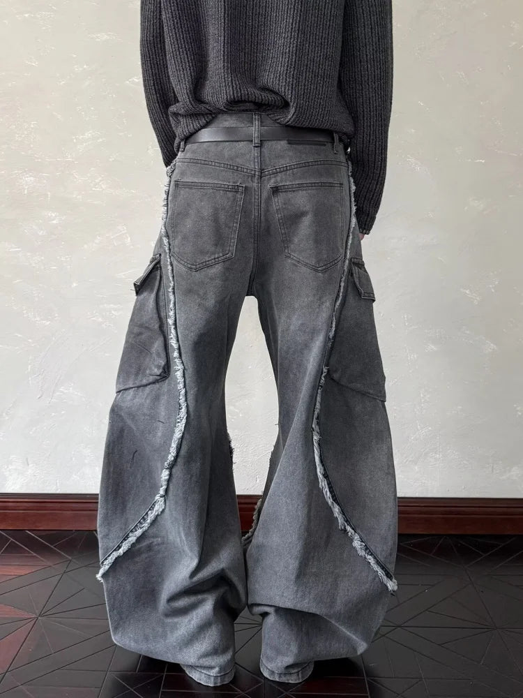 Streetwear Washed Black Grey Baggy Stacked Cargo Jeans