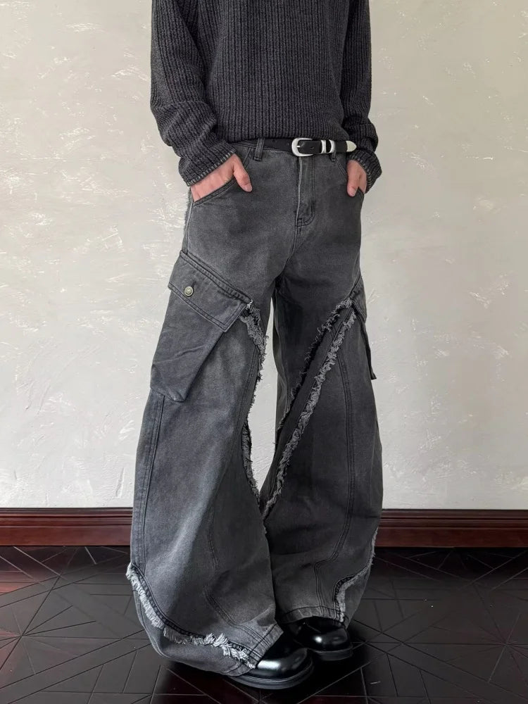 Streetwear Washed Black Grey Baggy Stacked Cargo Jeans