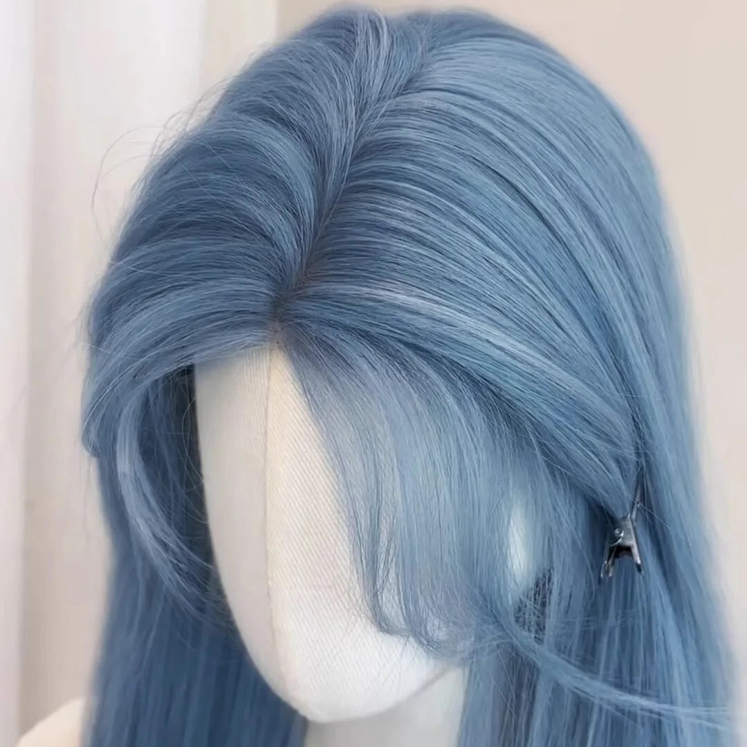 Fog Blue Medium Long Straight Hair