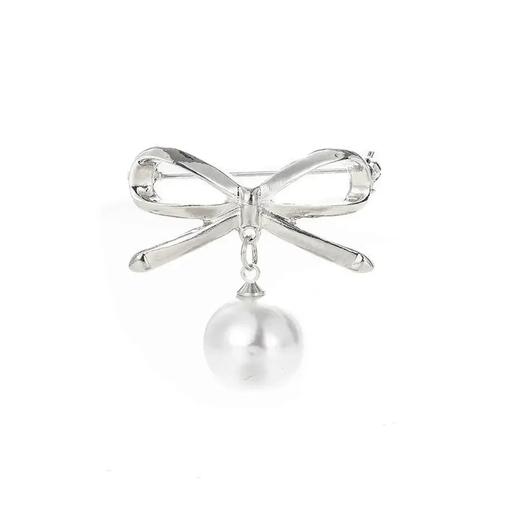 Women Elegant Fashion Simple Bow Brooches Bowknot Pin Pearl Pendant Safety Lapel Pins Wedding Jewelry Body Accessories Gift
