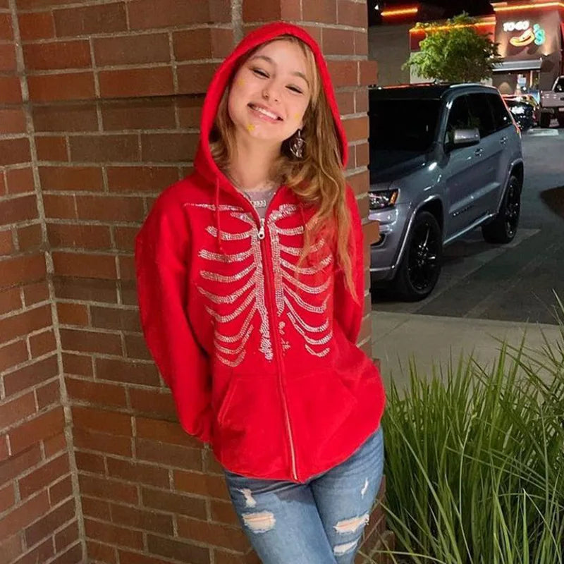 Skeleton Print Bones Zip Hoodie