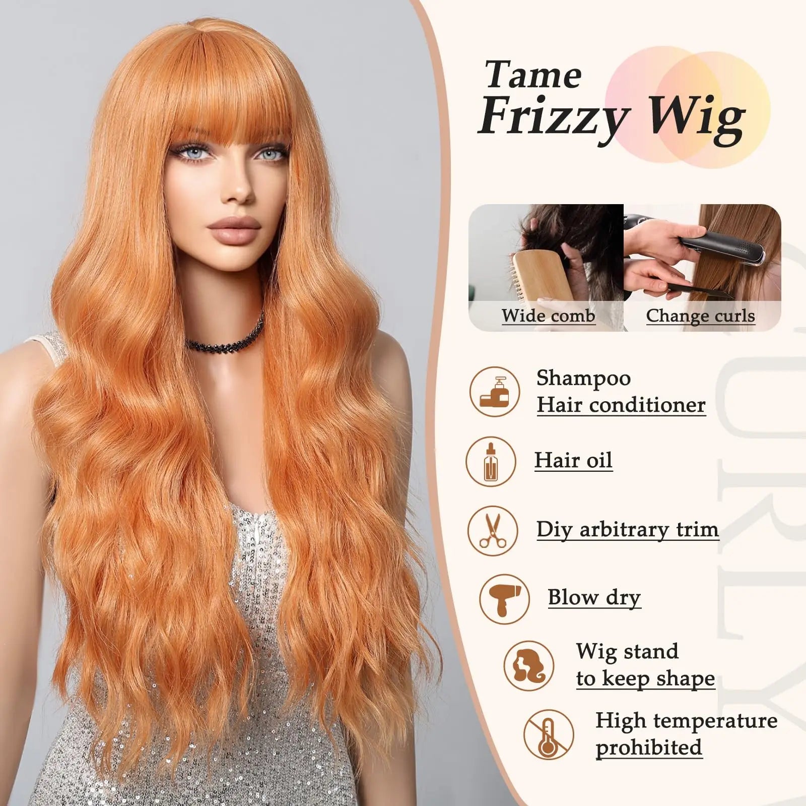 Orange synthetic wig with big waves for party,