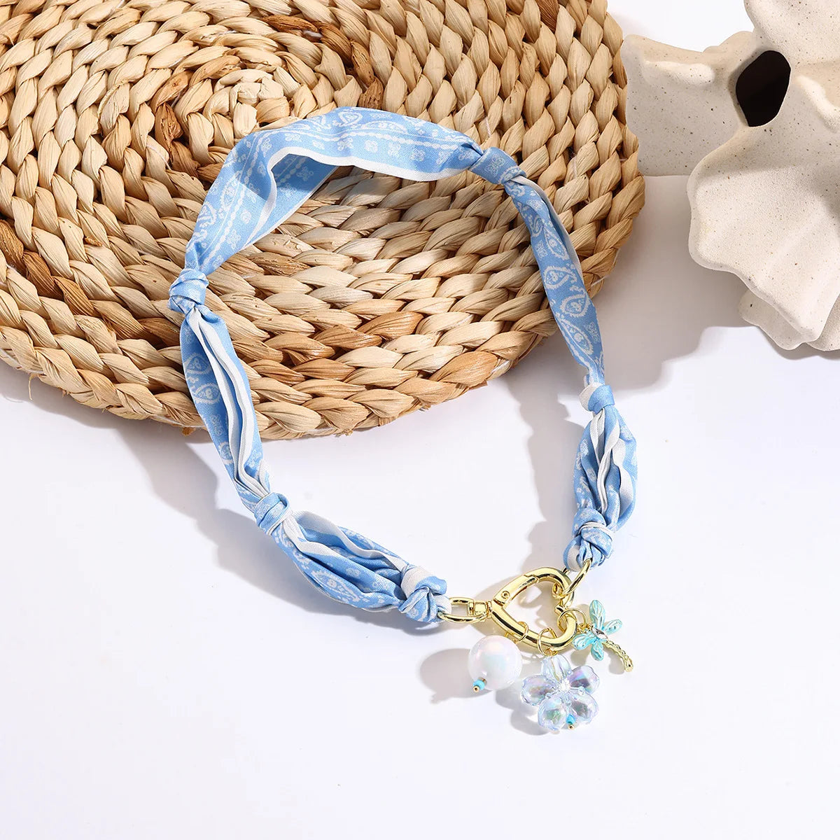 Bohemian Print Scarf Choker Retro Love Imitation Pearl Flowers Pendant Short Necklace For Women Fashion Handmade Jewelry