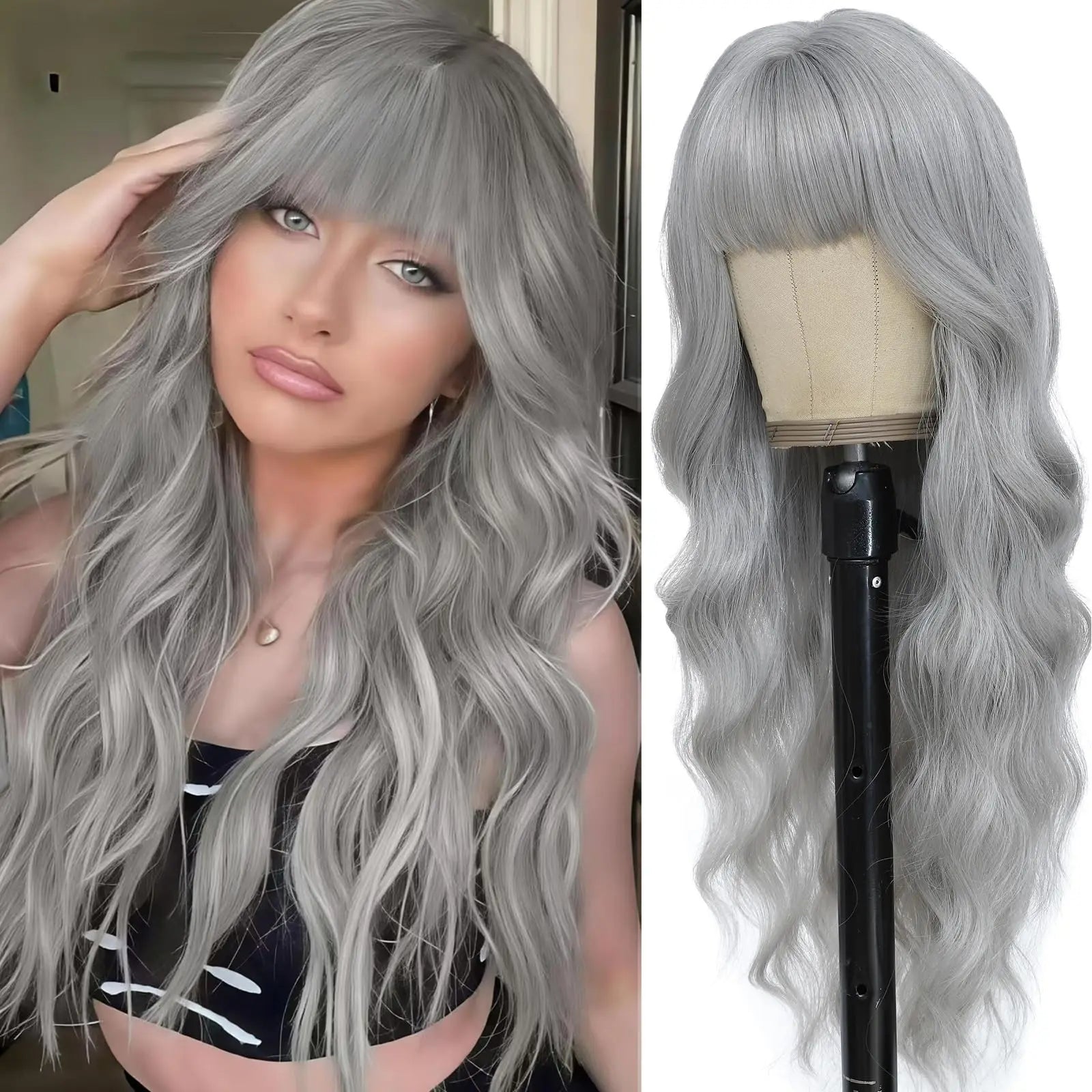 Orange synthetic wig with big waves for party,